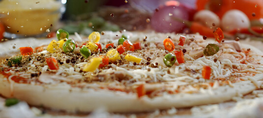 Uncooked pizza dough with tomato sauce and mozzarella as colorful vegetables and spices cascade onto the surface, capturing dynamic topping action and fresh homemade preparation