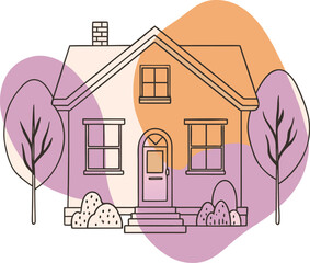 Stylized Home Illustration with Trees and Bushes in Soft Colors, a Peaceful Depiction of Suburban Living and Home Ownership