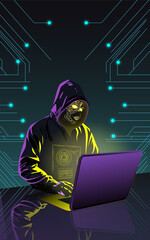 Cyber hacker in neon hood using laptop