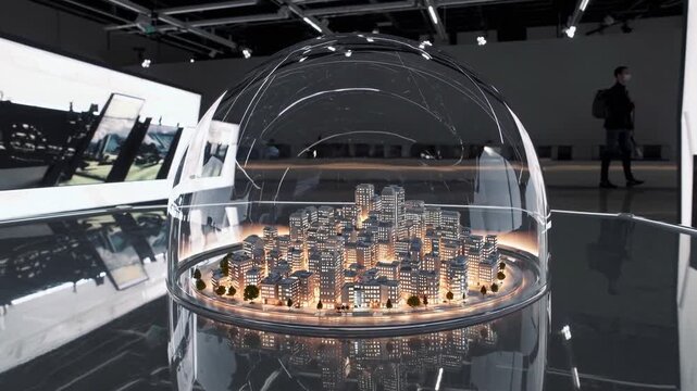 Exploring an innovative city model display in a modern exhibition space with interactive features
