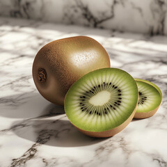 Whole kiwi fruit and two halves on marble surface  