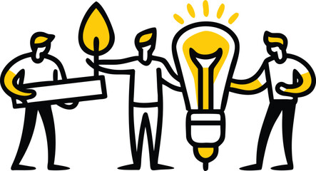 Teamwork and Idea Generation Three People Collaborating to Support a Light Bulb and Present Information Suggesting Creative Problem Solving