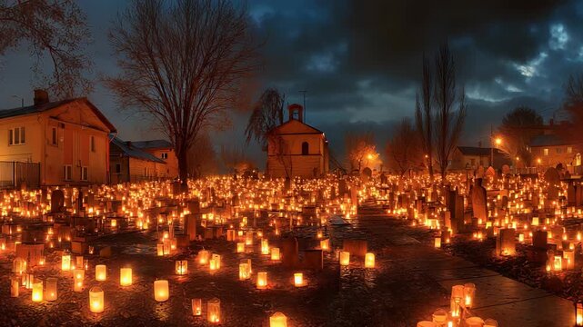 Cemetery Illuminated with Candles on All Souls' Day, Remembrance Day, Graveyard, Night Scene, Memorial, Tradition, Celebration, Religious Holiday, Dark Sky