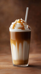 Tall glass of caramel macchiato topped with whipped cream and syrup  