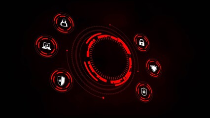 Digital security icons and red circular interface on black background abstract alert