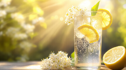 Refreshing elderflower cordial with lemon slices in sunlight  