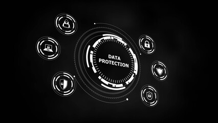 Abstract digital interface with data protection icons and central text security