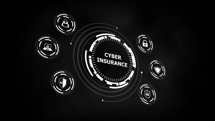 Cyber insurance concept with security icons and digital network on black background data protection
