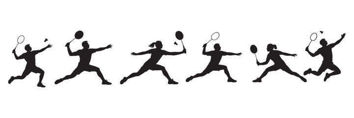 Dynamic badminton players silhouettes striking shuttlecocks in active game set, ideal for sports branding or fitness promotion with energy and action