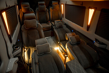 Comfortable interior of a passenger bus with soft seats
