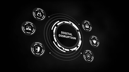 Digital disruption concept with security icons and futuristic interface elements on black background