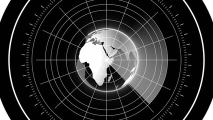 A glowing white globe of earth centered on a black radar screen with white grid lines and markings planet