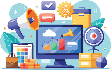 Colorful Business Marketing Strategy Illustration Featuring Analytics and Promotion, Design Depicts Growth, Planning, and Technology Concepts