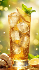 Tall glass of ginger ale with ice and lemon slice in summer  