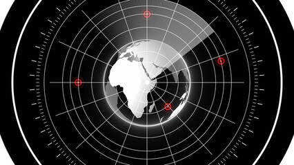 A black radar screen displays a white globe with red targets on the surface earth world