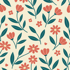 Retro Floral Pattern with Red Flowers and Teal Leaves, a Whimsical Garden Design for Fabric and Wallpaper