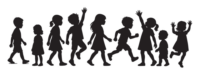 Children's silhouettes running, jumping, and playing together, radiating joy, perfect for illustrating childhood, school activities, or community events