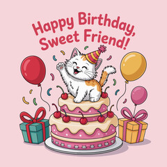 A joyful cat wearing a party hat happily poses on a multi-layer birthday cake adorned with cherries, balloons, and festive decorations, celebrating friendship and joy.