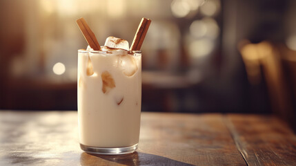 Tall glass of horchata with ice and cinnamon sticks on wooden table  