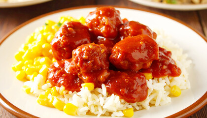 BBQ sauce meatballs with bbq sauce on rice with corn. AI