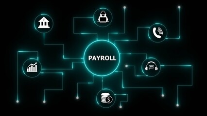 Digital network diagram showing payroll services with icons for banking analytics communication and finance