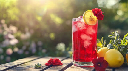 Refreshing hibiscus lemonade cocktail with lemon and flowers in garden  