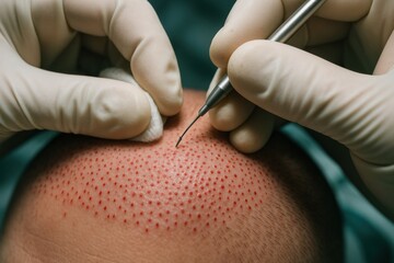 Skilled technician performing hair restoration procedure on scalp, using precision tools and sterile techniques, showcasing meticulous attention to detail in a clinical environment
