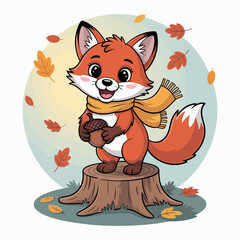 A cute fox standing on a tree stump wearing a scarf while holding an acorn, amidst falling autumn leaves, symbolizing warmth and the beauty of seasonal changes.