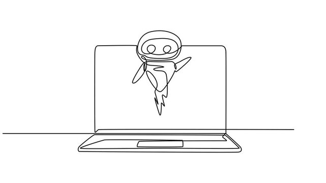 Technological AI Robot or AI Agent inside Digital Wireframe Gear animation continuous one line drawing, Electronic technology. Full length one line animation. 
