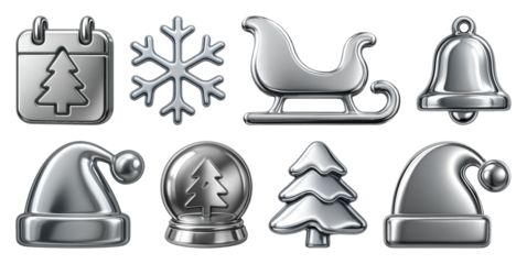 PNG Metallic Christmas icon set, element set on transparent background