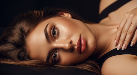 Naklejka premium Woman with red lipstick and styled hair lying down female face