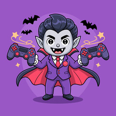 This playful vampire character, dressed in a suit and holding gaming controllers, perfectly illustrates the fun intersection of fantasy and gaming culture.