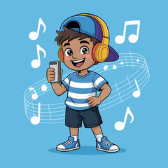 A stylish boy happily listens to music on his phone while wearing bright headphones, encapsulating youth culture and enjoyment in a vibrant and modern style. © Binglong