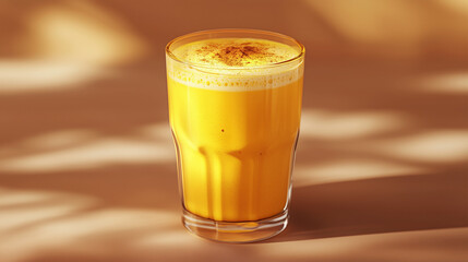 Tall glass of turmeric latte with frothy top on warm background  