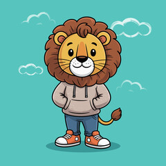 A playful lion character, clad in a hoodie and jeans, adorned with a vibrant mane, perfect for illustrating themes of confidence, youthfulness, and individuality.