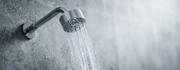 The Shower Head Spraying Clear Water Against Textured Concrete Bathroom Wall