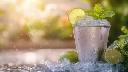 Silver mint julep cup filled with ice and lime in sunny setting  