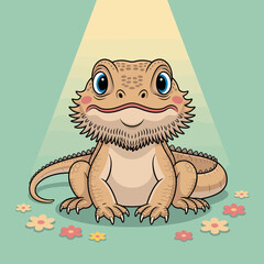 This adorably designed bearded dragon sits happily surrounded by flowers, radiating a cheerful and charming vibe, ideal for nature and pet enthusiasts alike.
