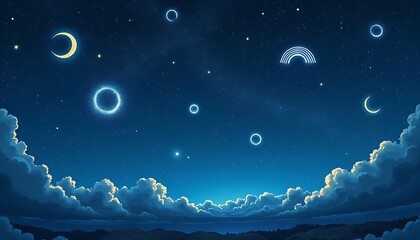 Serene Night Sky with Celestial Rings and Crescent Moons