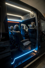 Comfortable interior of a passenger bus with soft seats