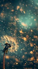 Ephemeral beauty of a dandelion dispersing seeds into the twilight atmosphere