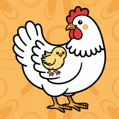 A delightful scene featuring a mother hen proudly standing with her small chick, symbolizing nurturing and family bonds in an adorable chicken illustration.