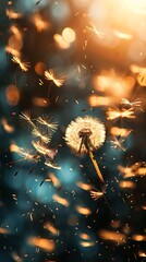 Ephemeral beauty: Dandelion dispersing seeds in a radiant sunset glow creating bokeh