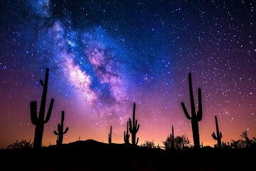 Enchanting desert night: A captivating view of the milky way over cacti silhouettes