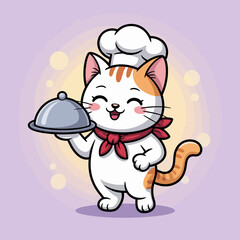 A delightful cat wearing a chef hat and red scarf proudly holds a silver cloche, showcasing its culinary expertise in a cheerful kitchen environment, evoking joy and creativity in cooking.