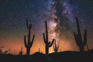 Mystic night silhouette of saguaro cacti under the desert's starry canopy