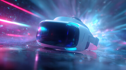 Virtual reality headset creating immersive neon metaverse experience