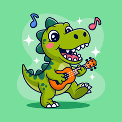 A fun-loving dinosaur joyfully plays a ukulele surrounded by musical notes, exhibiting a lively spirit and a whimsical take on prehistoric life, enchanting both kids and adults alike.