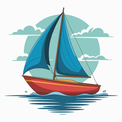 This illustration depicts a serene sailboat with blue sails gliding smoothly on placid waters, embodying tranquility, peace, and the beauty of a nautical journey.