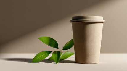 Compostable coffee cup with green leaf in minimalist style with soft shadow on clean background, eco-friendly sustainable product mockup for biodegradable beverage container and organic lifestyle